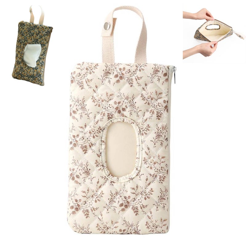 Quilted Baby Wipe Holder Floral Baby Diaper Pouch, Reusable Quilted Wipes Bag Mommy Bag With Lanyard for Daily (Beige) - Image 1